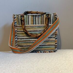 Striped Multicolor Handbag with Bamboo Handle